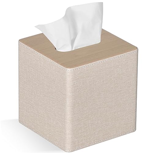 GOLRANLYE Taschentuchbox Quadratisch PU Leder Kosmetiktücher Box Halter für Kommode Badezimmer Dekor (Beige) von GOLRANLYE