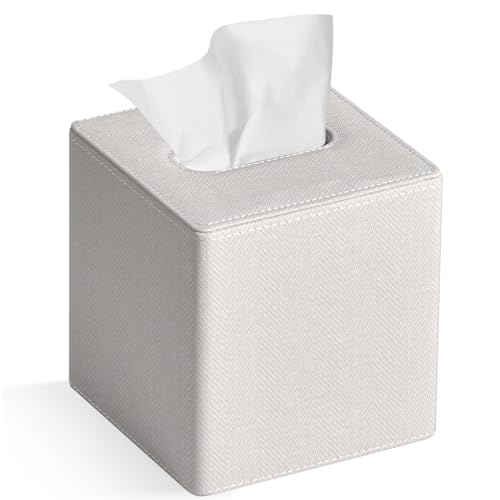 GOLRANLYE Taschentuchbox Quadratisch, PU-Leder Moderner Kosmetiktücher Box Halter für Badezimmer Schlafzimmer Esszimmer oder Büro (Leinen Beige) von GOLRANLYE