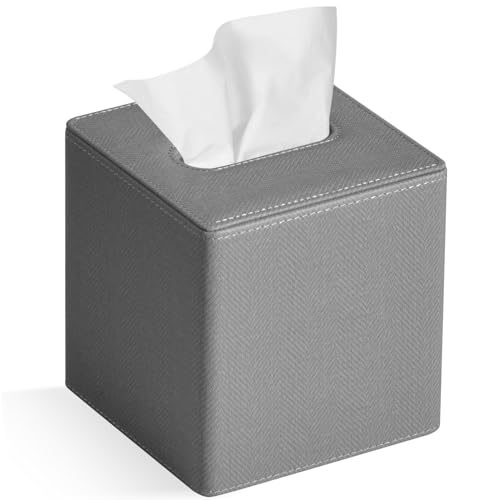 GOLRANLYE Taschentuchbox Quadratisch, PU-Leder Moderner Kosmetiktücher Box Halter für Badezimmer Schlafzimmer Esszimmer oder Büro (Leinen Grau) von GOLRANLYE
