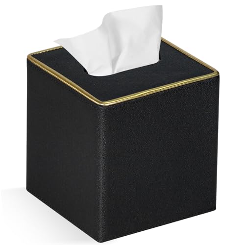 GOLRANLYE Taschentuchbox Quadratisch, PU-Leder Moderner Kosmetiktücher Box Halter für Badezimmer Schlafzimmer Esszimmer oder Büro (Schwarze Perle) von GOLRANLYE