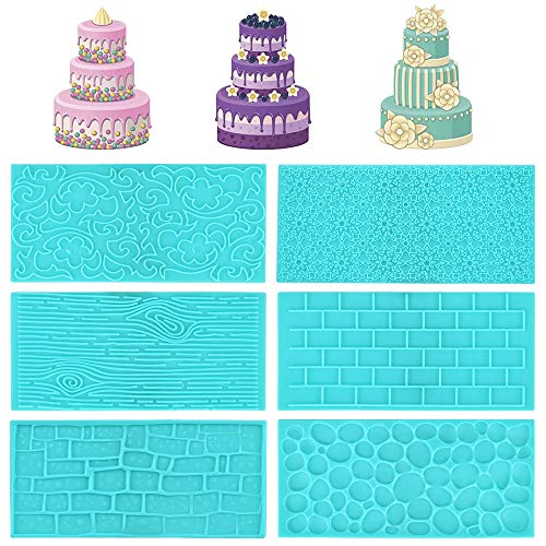 GOLRISEN 6 Stück Prägematte Fondant Spitze Strukturmatte Silikon Fondant Muster Matte Spitze Fondant Matte 3D Spitze Effekt mit Prägematte für Tortendeko Ziegel Holz Kieselstein Designs Schokolade von GOLRISEN