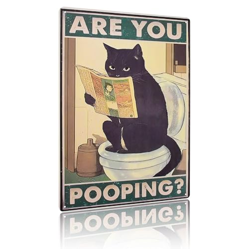 GOLRISEN Wanddeko Badezimmer Wanddekoration Bild Badezimmer Deko Toiletten Bilder Deko WC Wandbild Lustige Schwarze Katze Schild Blechschilder Bad Schwarz Poster wanddeko (“Are you pooping?”,30*20cm) von GOLRISEN