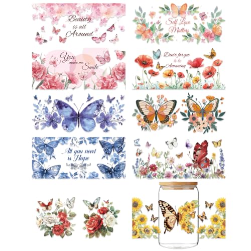 GOMAKERER 10 Blatt Blumen Schmetterling UV DTF Tasse Wrap Transfer Sticker 16OZ Glas Beauty is All Around Transfer Aufkleber Ästhetische Frühlings Transferaufkleber Für Tassen Flaschen Garten Basteln von GOMAKERER