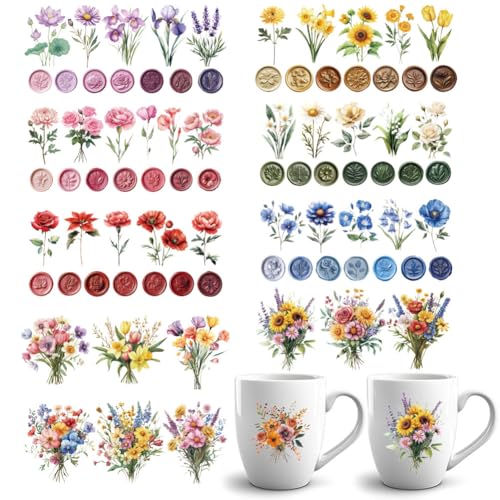 GOMAKERER 10 Blatt UV DTF Cup Wraps 10 Stile Blumen Und Botanik Aufkleber Cartoon Aufkleber Zum Aufreiben Wasserdichte Transferaufkleber Für Glasbecher Holzhandwerk von GOMAKERER