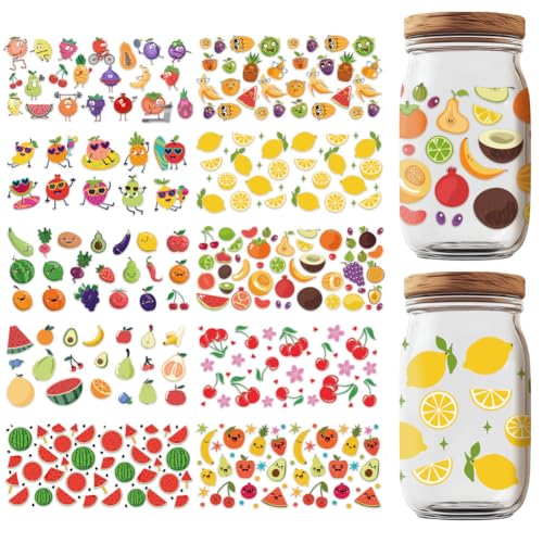 GOMAKERER 10 Blatt UV DTF Cup Wraps 10 Stile Obst Transferaufkleber Wasserdichte Transferaufkleber Cartoon Aufkleber Zum Aufreiben Für Glasbecher Holzhandwerk von GOMAKERER