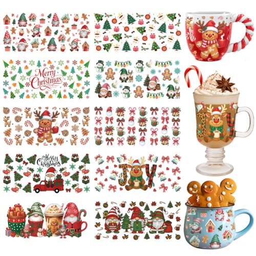 GOMAKERER 10 Blatt Weihnachts UV DTF Becherfolien Rot Grüne Weihnachts Rub on Transferaufkleber Weihnachtsmann Zwerg Hirsch Schneemann Transfers Zum Aufreiben Aufkleber Für Glasbecher Holzhandwerk von GOMAKERER