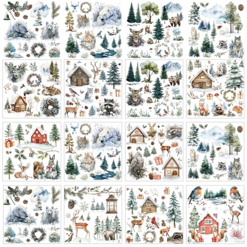 GOMAKERER 12 Blatt Winter Abziehbilder Zum Basteln Aquarell Waldtier Aufkleber Zum Aufreiben Kunst Stil PVC Aufkleber Zum Aufreiben Für Heimwerker Basteln Heimfenster Holzdekor 5.5x5.5 Zoll von GOMAKERER