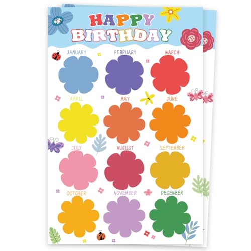 GOMAKERER 2 Blatt Happy Birthday Tabelle Für Den Unterricht Buntes Geburtstagsposter Bunte Blumenmuster Geburtstagskalender Poster Für Die Pinnwanddekoration In Schule Und Im Klassenzimmer 43x28cm von GOMAKERER