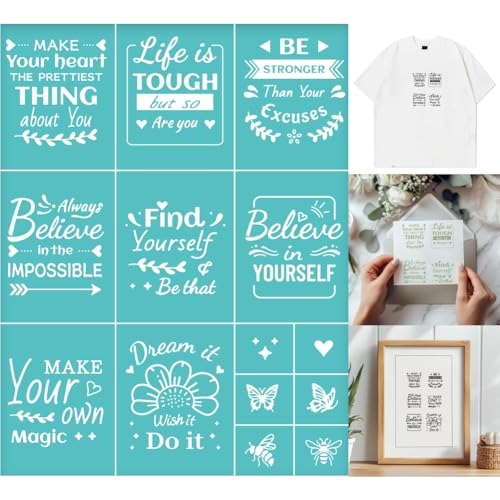 GOMAKERER 2 Stück Siebdruckschablone Mit Positiven Worträndern Wiederverwendbare Selbstklebende Siebdruck Schablone Mit Inspirierendem Netz Transfer Für Wandbordüren Holz Stoff Heimhandwerk Dekoration von GOMAKERER