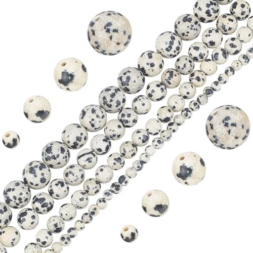 GOMAKERER 244 Stück Natürliche Dalmatinische Jaspis-Steinperlen, 4/6/8/10mm Natürliche Edelsteinperlen Runde Steinperlen Glatte Kugelperlen Lose Distanzperlen Für Die DIY-Schmuckherstellung von GOMAKERER