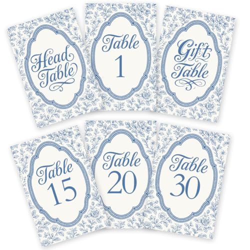 GOMAKERER 32 Stück Tischnummernkarten Für Hochzeiten 1`30 doppelseitige Tischnummernschilder Mit Blauer Blume Im Retro Stil Mit Kopftischkarte Party Mittelstück Für Geburtstag Brautparty Event Empfang von GOMAKERER