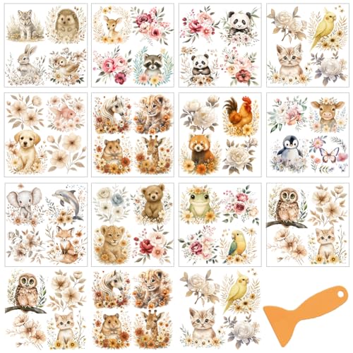 GOMAKERER 48 Styles Rub On Transfers Für Kunsthandwerk Und Möbel, 12 Blatt Pastelltiere Rub On Transferaufkleber Vintage Blume PVC Rub On Decals Für DIY Home Fenster Craft Decor von GOMAKERER