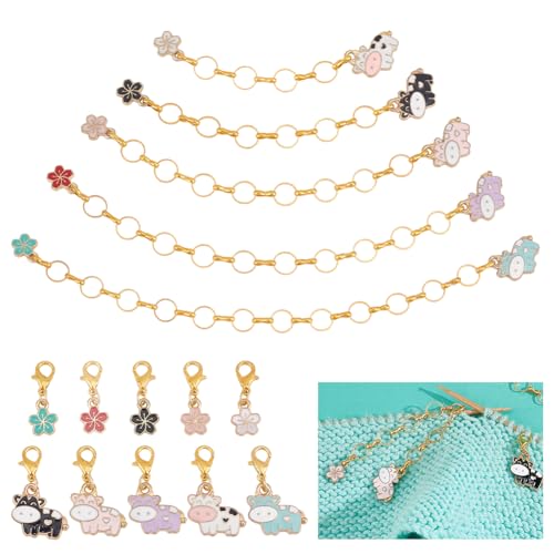 GOMAKERER 5 Stück 5 Stile Blumen Vieh Strickreihenzählerketten 10 Stück Maschenmarkierer Mit Tier Und Blumenmotiv Emaille Maschennadelclip Legierung Reihenzählzubehör Zum Häkeln Nähen Weben von GOMAKERER