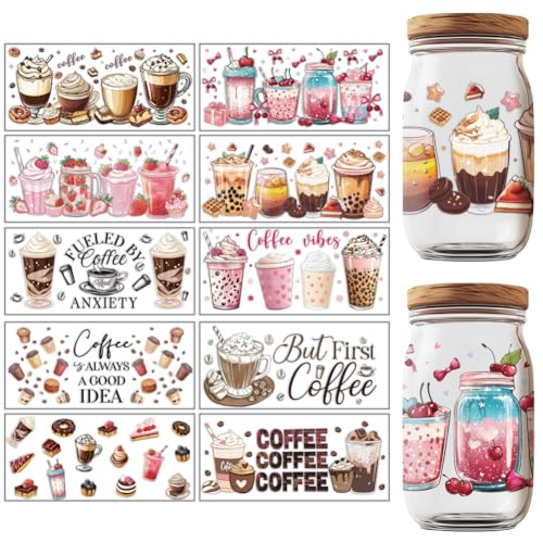 GOMAKERER UV DTF Cup Wrap, 10 Blatt Transferaufkleber Zum Aufreiben Getränkemuster Becherfolien Aufkleber Wasserfester Druck UV Transferpapier Für 16 oz Glasbecher Möbeldekor DIY Basteln von GOMAKERER