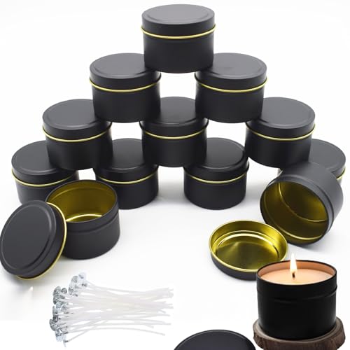 12 Stück Kerzendosen aus Metall, 120 ml Kerzendose mit 60 Kerzedochte Kerzengläser Runde Kerzenbehälter Metalldosen für Handwerk Kosmetik Schmuck DIY Kerzenherstellungszubehör (Schwarz) von GOMETY
