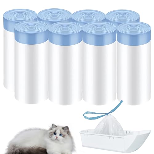 120 Stück Katzentoilettenbeutel, 8 Rollen 45 x 50 cm Mülltüten mit Tragegriff, Selbstreinigende Katzentoilette mit Zugbändern, Katzentoilette Müllbeutel, Müllbeutel für Haustier von GOMETY