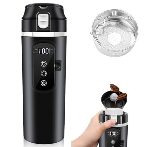 12V/24V Wasserkocher für Auto, 500ml Auto Reise Elektrischer Wasserkocher, 50-100W Auto-Heizbecher 304 Edelstahl Liner mit LCD, 100℃ Temperatur Regelbar für LKW, Camping, Reise von GOMETY