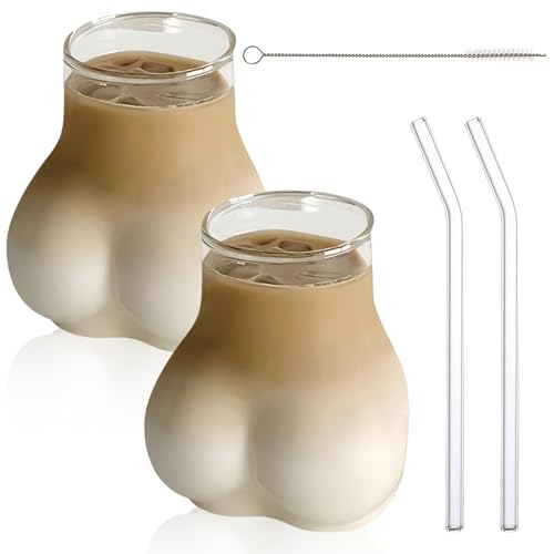 2 * 450 ml Tasse Lustig mit Strohhalm und Bürste, Lustiger Becher,Handheld-Glas Tassen, Kreative Cocktailgläser Biergläser,für Latte Macchiato Eiskaffee Whisky von GOMETY