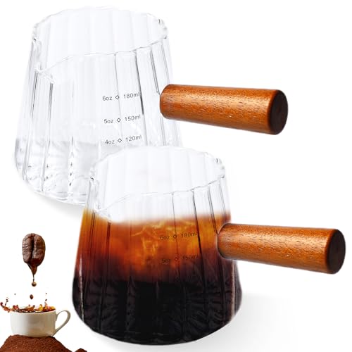 2 Stück Espresso Messbecher Glas, 180ml Doppeltausen-Messbecher mit Holzgriff, Espresso-Schnapsglas, Glas-Milchbecher, Mini Espressotasse, Mini Milchkännchen für Restaurant, Zuhause, Büro und Café von GOMETY