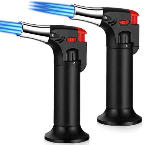 2 Stück Küche Flambierbrenner, Crème Brulée Brenner, Sturmfeuerzeug mit 3 Jetflammen, Nachfüllbare Gasfeuerzeug mit Sicherheitsschloss für DIY Gebäck Desserts Camping Einstellbar bis 1300°C(Schwarz) von GOMETY