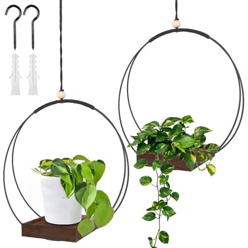 2 Stück Makramee Blumenampel mit Hölzernen Basis, H93cm Hängetopf für den Innenbereich mit Holzsockel, Metallring und Aufhängeschlaufe, Hängende Pflanzgefäße für Wände und Decken Schwarze (Braun) von GOMETY