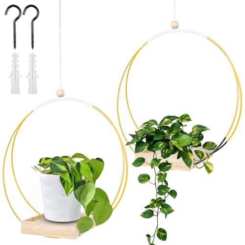 2 Stück Makramee Blumenampel mit Hölzernen Basis, H93cm Hängetopf für den Innenbereich mit Holzsockel, Metallring und Aufhängeschlaufe, Hängende Pflanzgefäße für Wände und Decken Schwarze (Gold) 2 Stück Makramee Blumenampel mit Hölzernen Basis, H93cm Hängetopf für den Innenbereich mit Holzsockel, Metallring und Aufhängeschlaufe, Hängende Pflanzgefäße für Wände und Decken Schwarze (Gold) von GOMETY