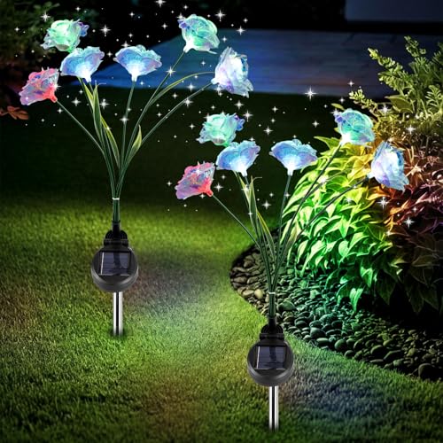 2 Stück Solarleuchten für Außen Garten, Rosenblüte LED Solarleuchten Blume Solargartenlichter IP65 Wasserdicht Swinging Solargartenlichter für Hof, Terrasse,Gehweg-Dekoration von GOMETY