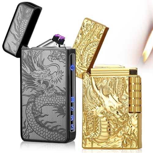 2 Stücke Drachen Feuerzeuge, Elektrisch Lichtbogen Feuerzeug + Weiche Flamme Metall Feuerzeug, USB C Recharge und Butangas Nachfüllen Feuerzeuge für Kerzen Küche Geschenk Männer(NO Gas) von GOMETY