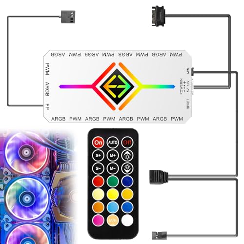 2-in-1 ARGB PWM Fan Hub mit Controller, 9 x 4Pin PWM Fan Connectors & 5V 3Pin ARGB Ports, RGB Case FanHub mit Magnetic Base und SATA Power 18 Ports Kabellos ARGBcontroller mit Fernbedienung (Weiß) von GOMETY