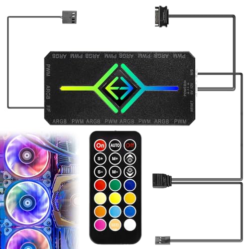 2-in-1 ARGB PWM Fan Hub mit Controller, 9 x 4Pin PWM Fan Connectors & 5V 3Pin ARGB Ports, RGB Case FanHub mit Magnetic Base und SATA Power 18 Ports Kabellos ARGBcontroller mit Fernbedienung (Schwarz) 2-in-1 ARGB PWM Fan Hub mit Controller, 9 x 4Pin PWM Fan Connectors & 5V 3Pin ARGB Ports, RGB Case FanHub mit Magnetic Base und SATA Power 18 Ports Kabellos ARGBcontroller mit Fernbedienung (Schwarz) von GOMETY