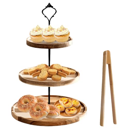 3 Etagere Tortenständer, Cupcake Ständer aus Holz Obst Etagere 3 stöckig Vintage Deko Holztablett Kuchenständer Halter Servierständer mit Metallgriff für Nachmittagstee Hochzeit Geburtstag Party von GOMETY