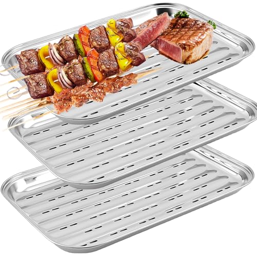 3 Stück BBQ Grillschalen aus Edelstahl, 34.9 x 24.5 x 2.7 cm Wiederverwendbare Grillkorb Gemüsekorb Aussenbereich Zubehör für Gemüse Fisch oder Fleisch für Gas-, Elektro- und Holzkohlegrill (3P) von GOMETY