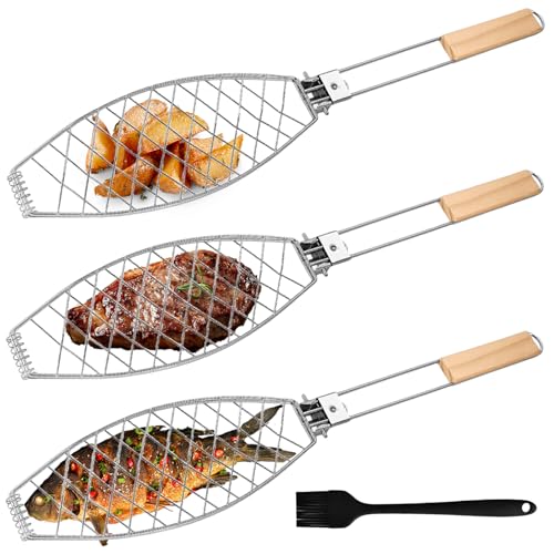 3 Stück Fisch Grillhalter mit Holzgriff, 63x12cm Große Fischbräter Fischgriller mit Griff aus Metall, Grillfisch Rack Fischgrillzange Fischkorb für Grill und BBQ 3 Stück Fisch Grillhalter mit Holzgriff, 63x12cm Große Fischbräter Fischgriller mit Griff aus Metall, Grillfisch Rack Fischgrillzange Fischkorb für Grill und BBQ von GOMETY