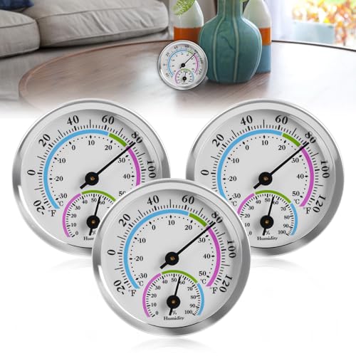 3 Stück Thermometer Innen Aussen, Präzisions Analoges Thermo-Hygrometer, 5,8 cm Mini Wandmontiertes Zimmerthermometer & Hydrometer für Häuser Gewächshäuser Auto Raumklimakontrolle Batteriefrei von GOMETY