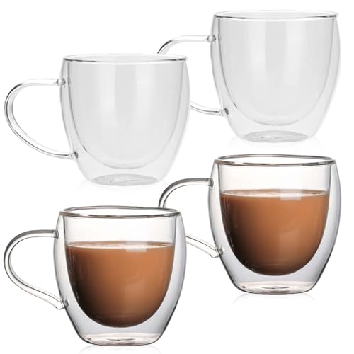 4 Stück Kaffeeglas Latte Macchiato Gläser mit Henkel, 250ml Doppelwandige Kaffeegläser Teeglas, Kältebeständigkeit und Hitze Kaffeetassen Glas für Cappuccino Latte Tee Kaffee Milch Saft Bier von GOMETY