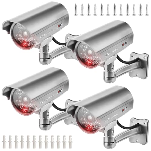 4 Stück Kamera Atrappe Außen, Fake Sicherheitskamera mit Rot Blinkender LED, Überwachungskamera Attrappe Außen Fake Kamera CCTV Dummy Kamera Sicherheits für den Innen und Außenbereich (Silber) von GOMETY