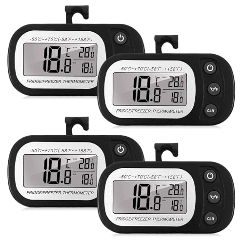 4 Stück Kühlschrankthermometer, Digitale Gefrierschrank Thermometer Digitales Kühlschrankthermometer mit LCD-Anzeige, Haken & Magnetisch, Max/Min Funktion für Hause Küche Cafés (Schwarz 4P) von GOMETY