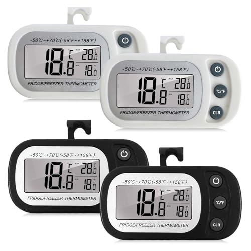 4 Stück Kühlschrankthermometer, Digitale Gefrierschrank Thermometer Digitales Kühlschrankthermometer mit LCD-Anzeige, Haken & Magnetisch, Max/Min Funktion für Hause Küche Cafés (Weiß+Schwarz) von GOMETY