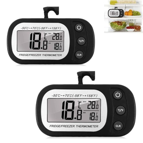 Kühlschrankthermometer Digital, 2 Stück Kühlschrank Thermometer mit Haken & Magnet LCD Anzeige Digitales Kühlschrankthermometer Innen, Gefrierschrank Thermometer Max/Min Funktion - (2 Schwarz) von GOMETY