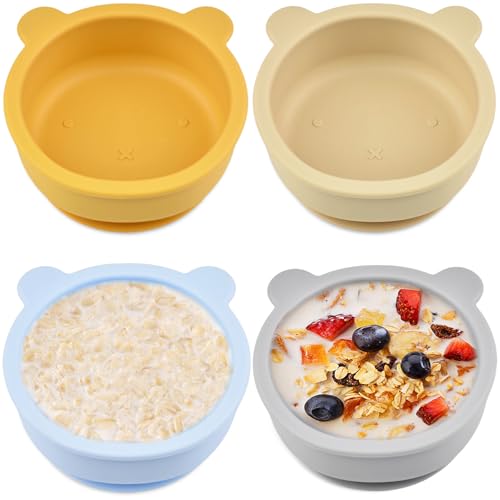 4 Stück Silikon Baby Schüssel mit Saugnapf, 113x125x54mm Baby Rutschfest Breischale, Kleinkinder Futter Entwöhnungsschale Anti-Fall BPA-frei für Spülmaschine Mikrowelle (Blau Gelb Weiß Grau) von GOMETY