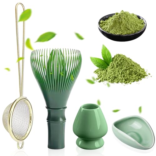 4-Teiliges Matcha Set, Matcha Schneebesen, Matcha Whisk mit Teesieb, Matcha Tee Set, hitzebeständige 80-Zinser-Matcha-Mixer-Bürste, Einschließlich des Matcha Whisk, Matcha Sieb, Matcha Besen Halter von GOMETY