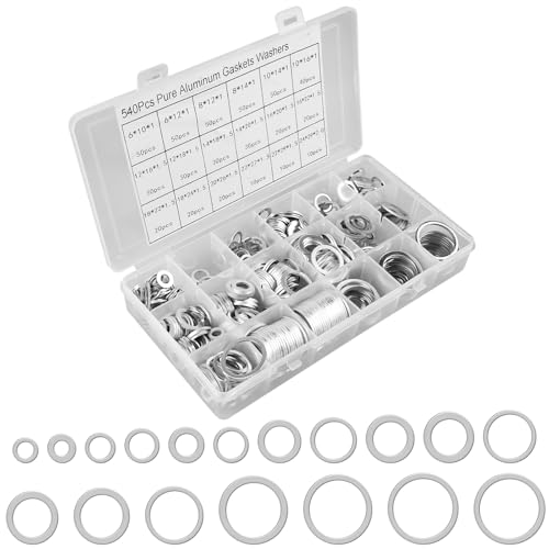 540 Stück Aluminium Dichtungsring Sortiment, Unterlegscheiben aus Aluminium, Verschlussdichtungen, Flachdichtungssetmit Sortimentskasten, M6 M8 M10 M12 M14 M16 M18 M20 M22 M24 (18 Größen) von GOMETY