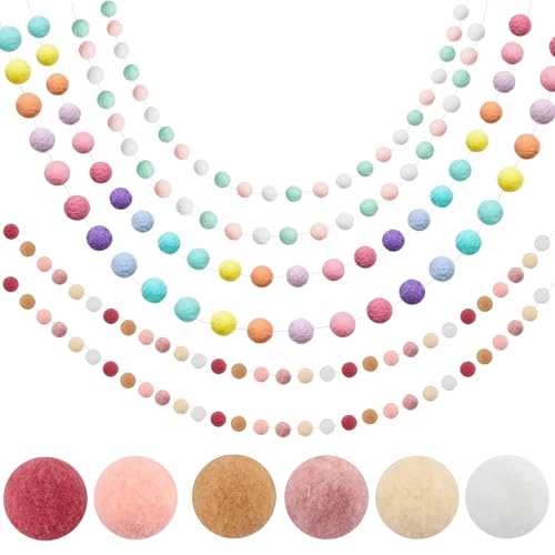 6 Stück Bunte Filzkugeln Girlanden, Pompom Girlanden Filzkette mit 180 Stück Bunte Mini Pompons, Wolle Filz Ball Girlande, Pompom Bälle, Flauschigen Plüschbälle für Babybett Deko Geburtstagsfeier von GOMETY