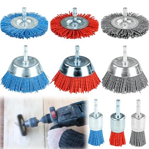 9 Stück Set Nylondraht Topfbürste, Drahtbürsten Nylonbürste mit Sechskant Schaft 1/4“ (6,35 mm), 3 Größen Nylon Bohrbürstenset zur Entfernung Schleifbürstenset von Rost und Korrosion (Blau, 9) von GOMETY