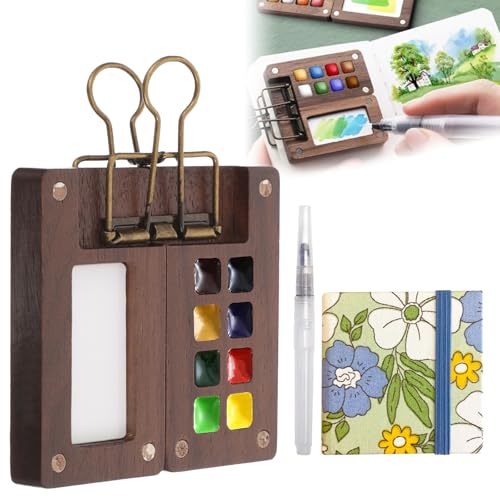 Aquarell Travel Set, Skizzenbuch Palette Set Mini Holz 8 Grids Reise Malpalette Malkasten, Mini-Reise Aquarell Gouache Acrylmalerei Kommen mit Aquarellpapier Journal, Aquarellpinsel Stifte (Grün) von GOMETY