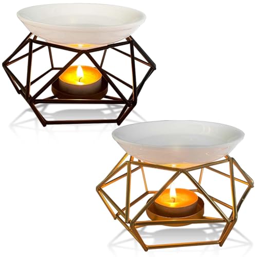 Duftlampe aus Metall und Keramik, 2 Stück Kerze Aroma Burner, Duftwachs Lampe mit Teelicht Halter aus Eisen Oil Burner Dekoration für Zuhause im Rauten-Stil Aromatherapie-Lampe (Schwarz + Gold) von GOMETY
