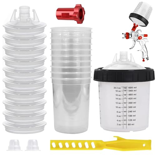 Farbspritzpistolenbecher 20 Ounce (600ml), Farbspritzgerät-Mischbecher System mit 10 Tassen und Deckel, 2 Stecker, 1 Harte Tasse mit Halterring, 1 M16x1,5 Adapter und 1 Farbrührer von GOMETY
