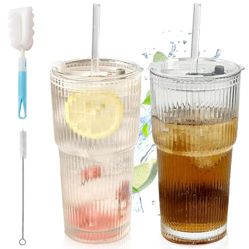 GOMETY 2 Stück 600ML Gerippte Glasbecher mit Deckel und Strohhalm, Smoothie Becher aus Hochwertigem Dickglas Wasserdicht Design Transparente Gestreifte Gläserbecher Trinkgläser für Kaffee Bubble Tea GOMETY 2 Stück 600ML Gerippte Glasbecher mit Deckel und Strohhalm, Smoothie Becher aus Hochwertigem Dickglas Wasserdicht Design Transparente Gestreifte Gläserbecher Trinkgläser für Kaffee Bubble Tea von GOMETY