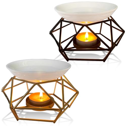 GOMETY 2 Stück Duftlampe aus Metall und Keramik, Kerze Aroma Burner, Duftwachs Lampe mit Teelicht Halter aus Eisen Oil Burner Dekoration für Zuhause im Rauten-Stil Aromatherapie-Lampe (Schwarz + Gold) von GOMETY