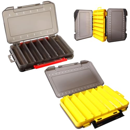 GOMETY 2 Stück Köderbox Angeln, Doppelseitige Angelbox mit 14 Fächern – Wasserdichte Tackle Box Angeln für Gummiköder, Wobbler – Tragbare Angelboxen, Köderboxen AngelnZubehör 18 x 10 x 3 cm von GOMETY
